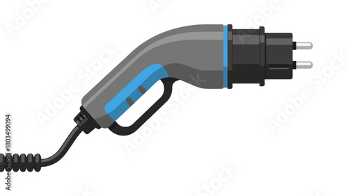 An EV charging cable with a grey and blue handle a black plug with two prongs and a corrugated black cable on a white background