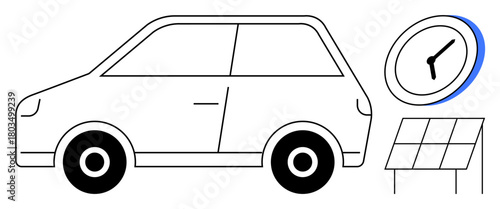 Electric car outline next to a solar panel and clock illustration. Ideal for sustainability, energy efficiency, time-saving technology, innovation, eco-lifestyle, green transport, renewable energy. A