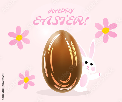 Happy Easter greeting card with chocolate egg, flowers and cute bunny. Flat vector illustration 