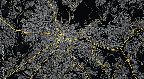A captivating overhead abstract map illustrates a sprawling metropolitan urban area with its intricate network of interconnected streets and prominent major roads.