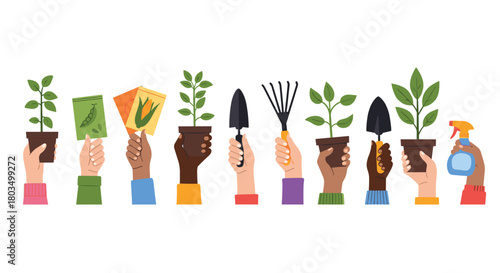 Diverse hands of various skin tones holding gardening tools, potted plants, and seed packets, symbolizing community, growth, and sustainable agriculture efforts.