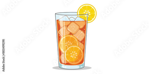 A refreshing tall glass of iced tea with ice cubes, fresh orange slices, and a lemon wedge garnish, an isolated vector illustration for a summer drink menu