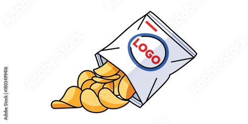 A vibrant cartoon illustration of a white snack bag with a red and blue generic logo, spilling out an abundance of golden, delicious potato chips, perfect for a treat