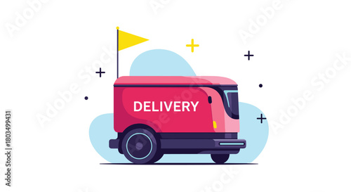 An advanced, autonomous red delivery robot, prominently displaying 'DELIVERY' on its side and adorned with a yellow flag, is set against a clean background, symbolizing futuristic logistics.