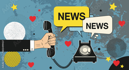 A hand holds a retro telephone receiver connected to a vintage rotary phone, with speech bubbles displaying 'NEWS' against a vibrant, textured background, symbolizing classic information exchange.