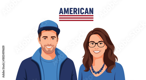 A friendly cartoon man and woman, dressed in blue, smiling cheerfully under the word \.