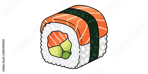 Delicious hand-drawn illustration of a fresh salmon avocado sushi maki roll, perfect for healthy eating concepts and representing the vibrant essence of Japanese cuisine