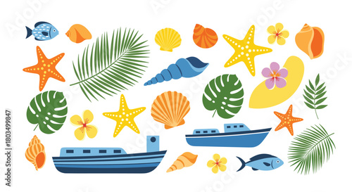 Tropical summer vacation elements set, including starfish, seashells, exotic leaves, flowers, fish, and boats, scattered on a white background in a flat lay style.