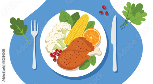 A wholesome and colorful illustration of a dinner plate featuring a roasted chicken leg, corn, cauliflower, orange slice, and cranberries, ready for a healthy meal.
