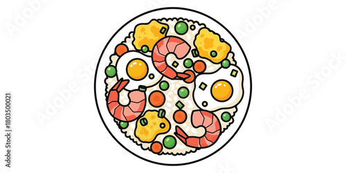 A top-down view of a delicious plate of fried rice with shrimp, peas, and egg