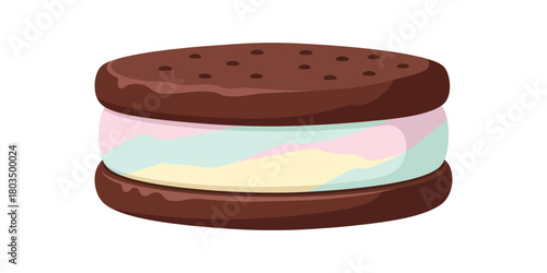 Colorful rainbow ice cream sandwich with chocolate cookies, a sweet frozen dessert treat illustration isolated on a white background
