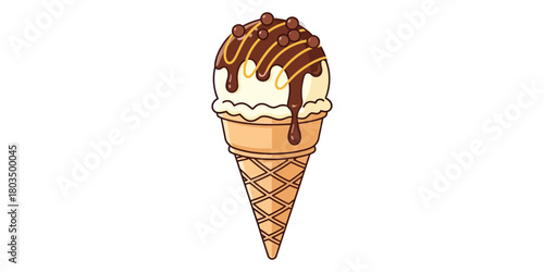 A delicious vanilla ice cream cone with chocolate drizzle and toppings, perfect for a hot summer day