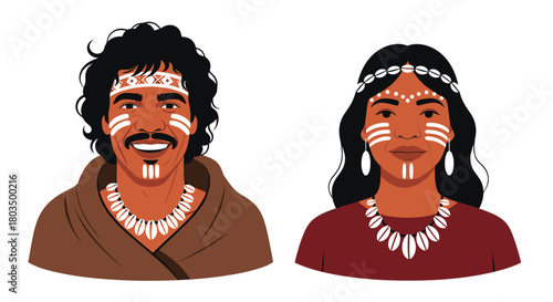 Smiling indigenous man and woman with tribal face paint, traditional headbands, and shell necklaces against a white background.