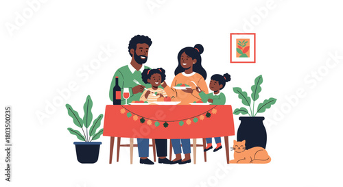 An African American family, parents and two daughters, enjoys a special meal together around a festive dining table, sharing joy and warmth at home.