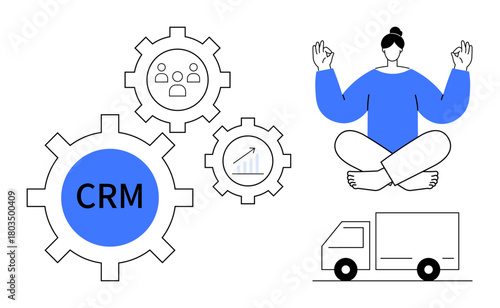 CRM within gear icons highlights process automation, growth graphs for business advancement, logistics symbolized by a truck, and seated meditation for balance. Ideal for teamwork, strategy