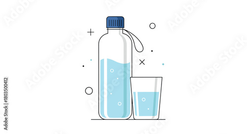 Minimalist illustration of a reusable water bottle and a glass filled with fresh, clean water, emphasizing hydration and healthy living.