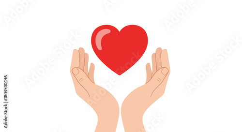 Two cupped hands gently hold a vibrant red heart, symbolizing love, care, health, and compassion, highlighting themes of giving, sharing, and receiving support.