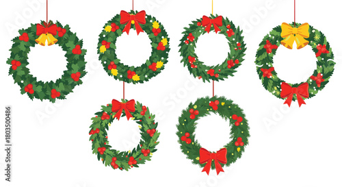 A cheerful assortment of seven festive Christmas wreaths, showcasing classic evergreen branches, bright red berries, colorful bows, and golden bells, ideal for holiday designs.