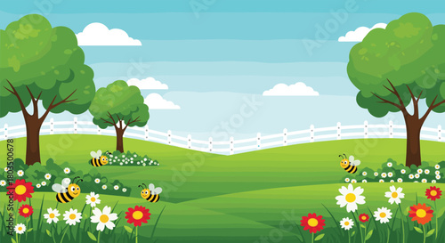 A vibrant cartoon landscape features cheerful bees buzzing among colorful wildflowers in a sunny green meadow, with tall trees and a white picket fence under a clear blue sky.