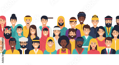 A diverse and smiling community of people from various cultures, ethnicities, and backgrounds stands together, symbolizing global unity and human connection.