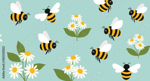 A charming seamless pattern featuring cheerful cartoon bees flying around white daisy flowers on a light blue background, perfect for spring and nature-themed designs.