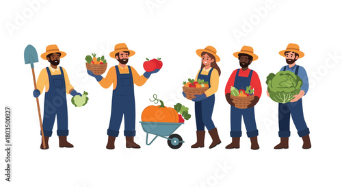 Diverse group of happy farmers proudly displaying their rich and fresh harvest of various organic vegetables and fruits, representing hard work and sustainable agriculture.