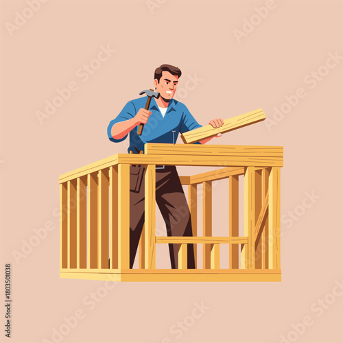 Construction worker framing wood structure with hammer and planks, flat vector illustration.