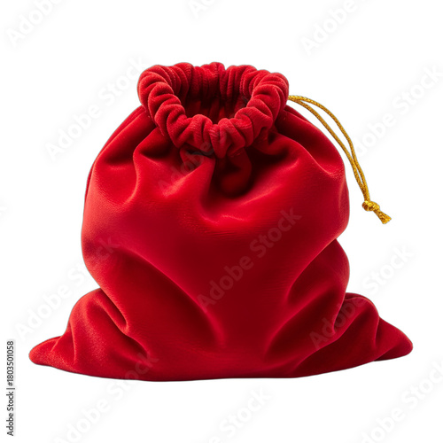 Vibrant red velvet gift pouch with golden drawstring, ideal for Christmas presents, festive promotions, luxury jewelry packaging, or Santa Claus surprise elements.
