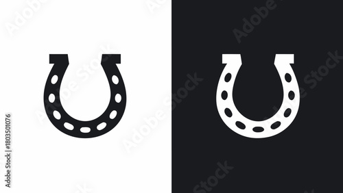 Lucky horseshoe emblem, good fortune symbol and positive omen in black and white icon set