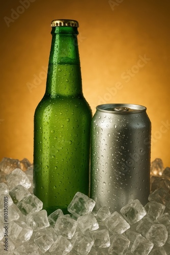 Refreshing beer bottle and can on ice with frosty condensation and bright highlights creating a thirst quenching beverage visual for pub menus and promotions