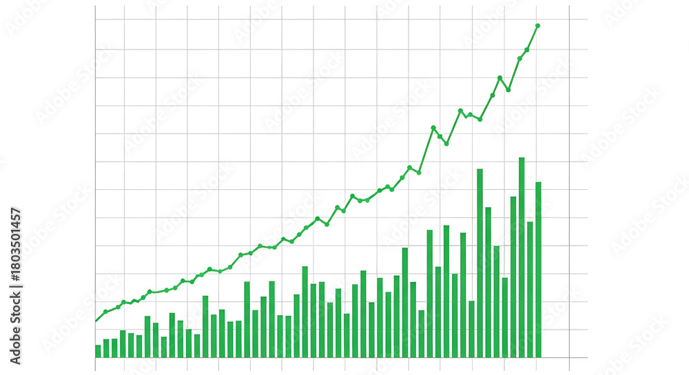 Fototapeta premium Business analytics illustration with a rising stock market bar chart and a line graph indicating profit and economic increase
