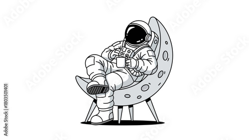 Astronaut in a spacesuit reclines on a crescent moon chair holding a mug and a small device