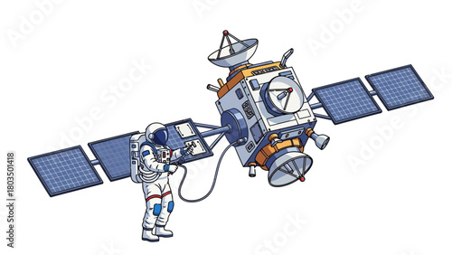Astronaut in a spacesuit repairing a multipaneled satellite with multiple antennas and a connecting hose