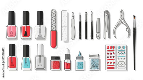 Assortment of nail care tools and beauty products including polishes files brushes and glitter neatly arranged on white