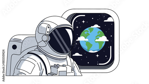 Astronaut in white suit looking at Earth through a space window with stars and clouds