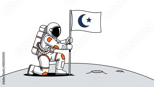 Astronaut in white and orange suit kneels on moon surface planting a white flag with a dark blue crescent moon and star