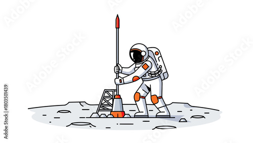 Astronaut in white suit plants a tall redtipped pole on a grey cratered moonscape with a support structure