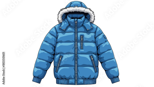 Blue puffer jacket with a furtrimmed hood multiple silver zippers and ribbed cuffshem on a white background