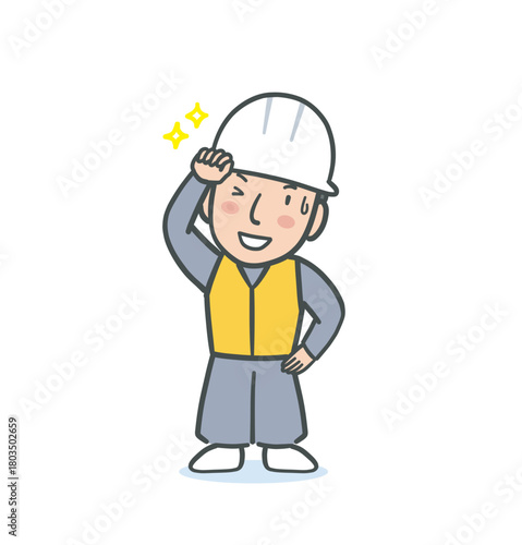 笑顔で汗をぬぐう作業服を着た男性のイラスト素材