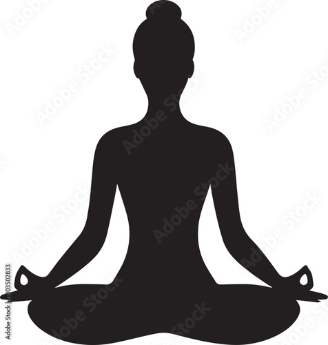 Black Silhouette Woman in Lotus Yoga Pose – Minimalist Smooth Curve Design on Transparent Background