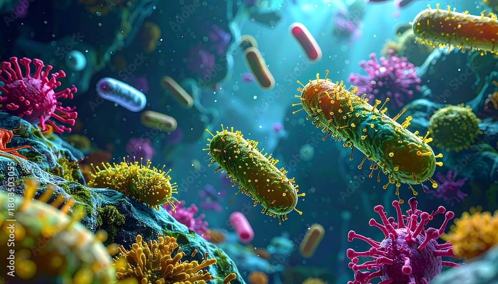 Fototapeta premium Colorful microscopic view of microorganisms in aquatic environment