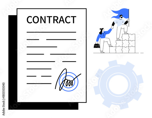 Signed contract with signature, handshake on puzzle blocks, and a gear icon. Ideal for business deals, teamwork, partnership, legal documents, strategy productivity and progress. Simple flat