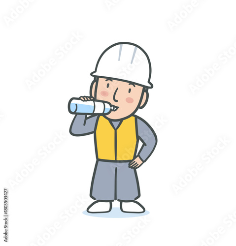 水分補給をするヘルメットを被った作業員の男性のイラスト素材