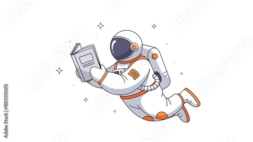 Cartoon astronaut in a white and orange suit floats while reading an open book surrounded by small stars