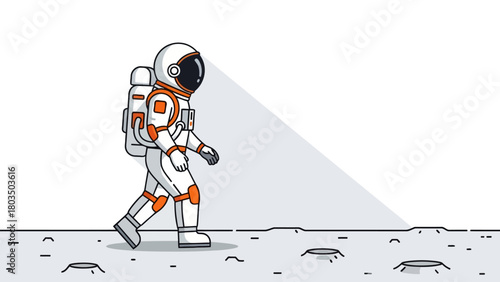 Cartoon astronaut in white and orange suit walking on a gray cratered lunar surface with a triangular shadow