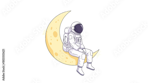 Cartoon astronaut in a white suit with a dark visor sitting on a yellow crescent moon with spots on a white background