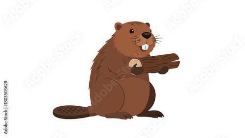 Cartoon brown beaver with prominent teeth and whiskers holding a wood log against a plain white background