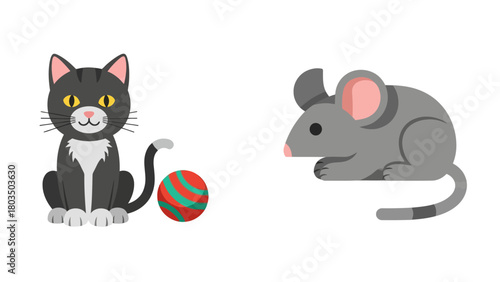 Cartoon cat sitting by a ball and a cartoon mouse crouching on a white background
