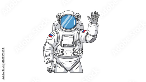 Cartoon astronaut in white suit with Russian flags on shoulders waving right hand on a white background