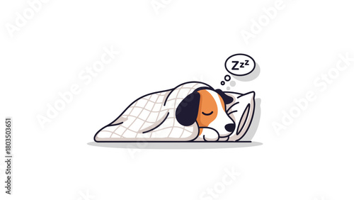 Cartoon dog peacefully sleeping under a white checkered blanket head on a pillow with Zzz in a thought bubble